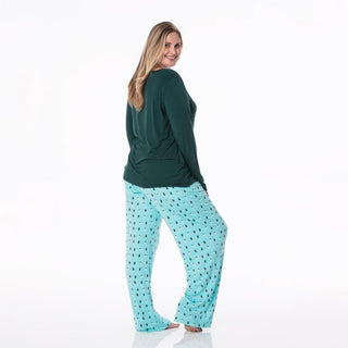 KicKee Pants Womens Print Long Sleeve Loosey Goosey Tee and Pajama Pants Set - Iceberg Holiday Lights WCA22