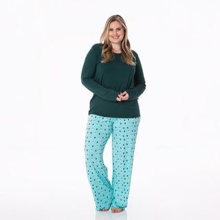 KicKee Pants Womens Print Long Sleeve Loosey Goosey Tee and Pajama Pants Set - Iceberg Holiday Lights WCA22