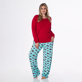 KicKee Pants Womens Print Long Sleeve Loosey Goosey Tee and Pajama Pants Set - Iceberg Trucks and Trees WCA22