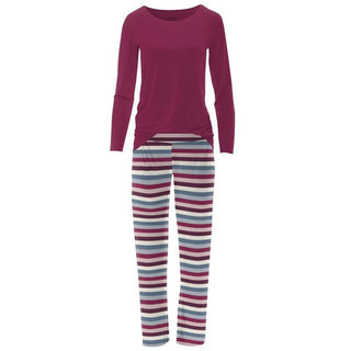 Women's Print Bamboo Long Sleeve Loosey Goosey Tee & Pajama Pants Set - Jingle Bell Stripe Pajamas