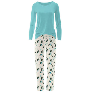 Women's Print Bamboo Long Sleeve Loosey Goosey Tee & Pajama Pants Set - Natural Chairlift Pajamas