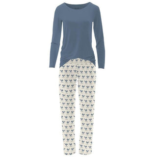 Women's Print Bamboo Long Sleeve Loosey Goosey Tee & Pajama Pants Set - Natural Ski Birds Pajamas