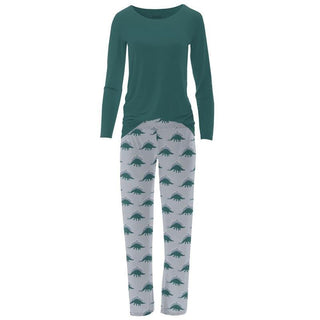 Women's Print Bamboo Long Sleeve Loosey Goosey Tee & Pajama Pants Set - Pearl Blue Menorahsaurus Pajamas