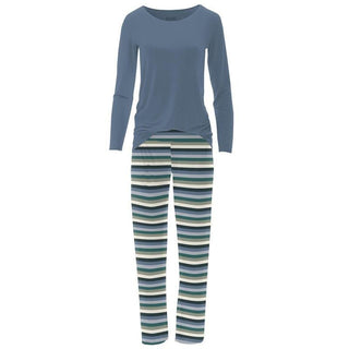 Women's Print Bamboo Long Sleeve Loosey Goosey Tee & Pajama Pants Set - Snowy Stripe Pajamas