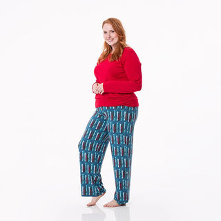 KicKee Pants Womens Print Long Sleeve Loosey Goosey Tee and Pajama Pants Set - Twilight Skis