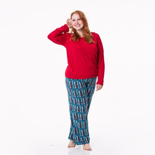 KicKee Pants Womens Print Long Sleeve Loosey Goosey Tee and Pajama Pants Set - Twilight Skis