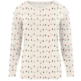 KicKee Pants Women's Print Long Sleeve Loosey Goosey Tee - Natural Holiday Lights