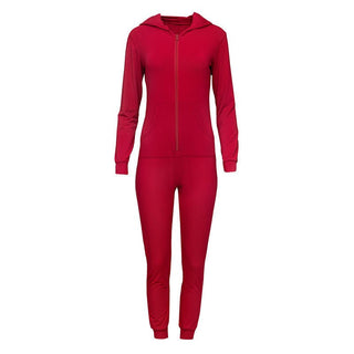 Women's Solid Bamboo Long Sleeve Jumpsuit with Hood - Crimson Jumpsuits & Rompers