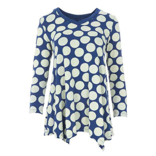 Women's Print Bamboo Long Sleeve Tunic - Navy Mod Dot Shirts & Tops