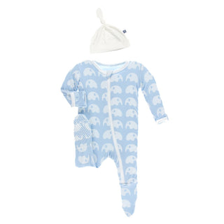 Bamboo Zipper Footie & Hat Gift Set - Pond Elephant with Natural Hat Baby & Toddler Sleepwear