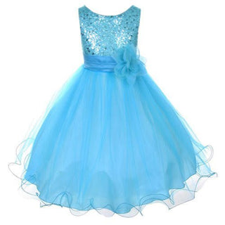 Kid's Dream Girl's Sequin Double Mesh Flower Dress - Aqua