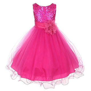 Kid's Dream Girl's Sequin Double Mesh Flower Dress - Fuchsia