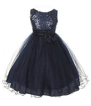 Kid's Dream Girl's Sequin Double Mesh Flower Dress - Navy