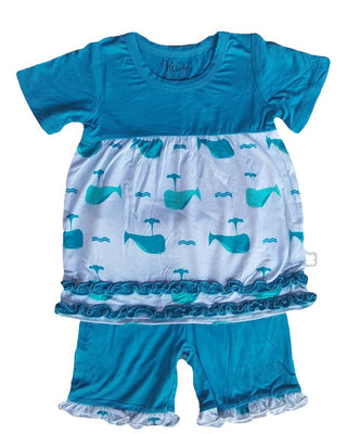 Girl's Bamboo Short Sleeve Shorts Tunic Set- Aqua Whale Kozi and Co.