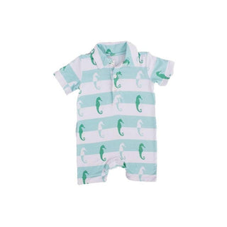 Bamboo Short Sleeve Polo Romper - Seahorse Stripe Baby One-Pieces