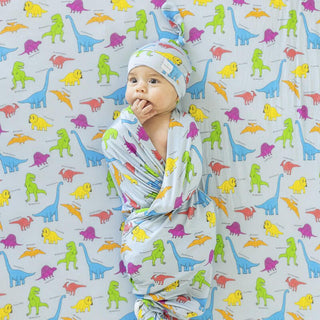 Macaron and Me Baby Swaddle Blanket, Neon Dinos - One Size