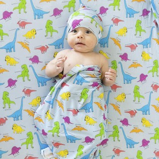 Macaron and Me Baby Swaddle Blanket, Neon Dinos - One Size