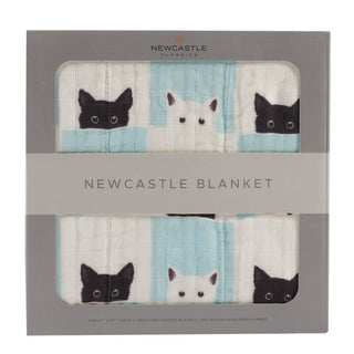 Peek-A-Boo Cats and White Bamboo Muslin Nursery Blanket Newcastle Classics