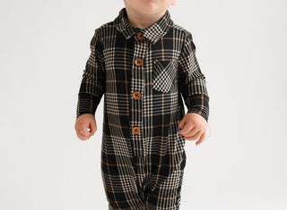 Posh Peanut Boy's Bamboo Long Sleeve Collared Henley Long Romper - Sanders (Plaids)