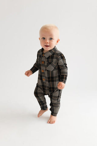 Posh Peanut Boy's Bamboo Long Sleeve Collared Henley Long Romper - Sanders (Plaids)