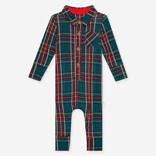 Posh Peanut Boy's Bamboo Long Sleeve Collared Henley Long Romper - Tartan Plaid