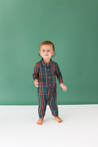 Posh Peanut Boy's Bamboo Long Sleeve Collared Henley Long Romper - Tartan Plaid