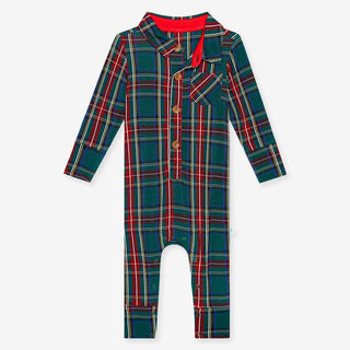 Posh Peanut Boy's Bamboo Long Sleeve Collared Henley Long Romper - Tartan Plaid