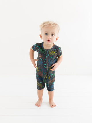 Posh Peanut Boy's Bamboo Short Sleeve Zipper Shortie Romper - Posh Player One 