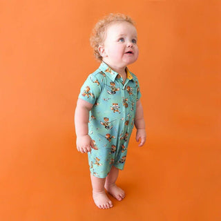 Posh Peanut Boys Short Sleeve Collared Henley Romper - Arlo Foxes