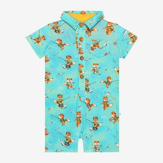 Posh Peanut Boys Short Sleeve Collared Henley Romper - Arlo Foxes