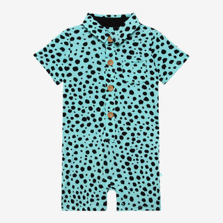 Boy's Bamboo Short Sleeve Collared Henley Shorts Romper - Pebbles (Cheetah Print) Baby One-Pieces