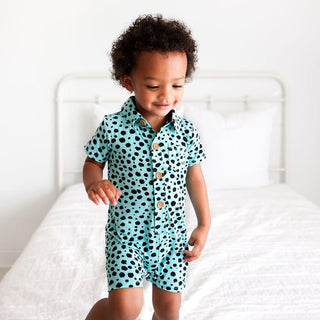 Boy's Bamboo Short Sleeve Collared Henley Shorts Romper - Pebbles (Cheetah Print) Baby One-Pieces