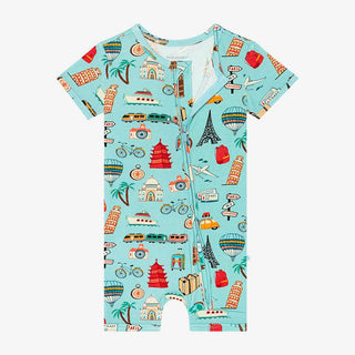 Boy's Bamboo Short Sleeve Zipper Shortie Romper - Around the World Posh Peanut