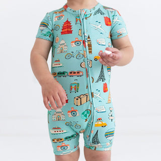 Boy's Bamboo Short Sleeve Zipper Shortie Romper - Around the World Posh Peanut