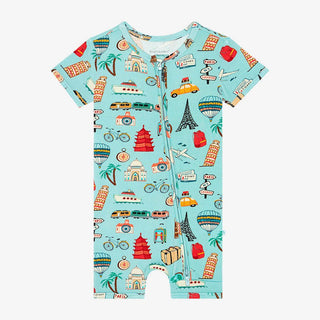 Boy's Bamboo Short Sleeve Zipper Shortie Romper - Around the World Posh Peanut