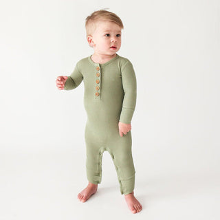 Posh Peanut Boys Solid Long Sleeve Henley Romper - Olive Waffle