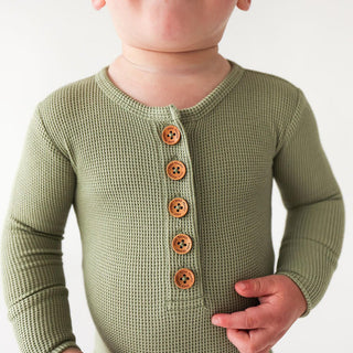 Posh Peanut Boys Solid Long Sleeve Henley Romper - Olive Waffle