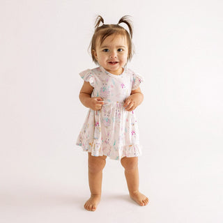 Bamboo Cap Sleeve Ruffled Twirl Bodysuit Dress - Clementine (Bunnies)