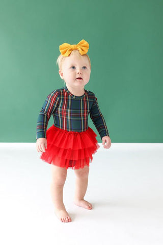 Posh Peanut Girl's Bamboo Long Sleeve Tulle Skirt Bodysuit - Tartan Plaid