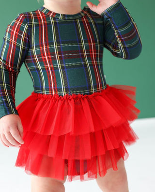 Posh Peanut Girl's Bamboo Long Sleeve Tulle Skirt Bodysuit - Tartan Plaid