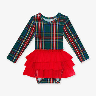 Posh Peanut Girl's Bamboo Long Sleeve Tulle Skirt Bodysuit - Tartan Plaid