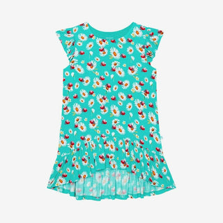 Girl's Bamboo Basic Ruffled Cap Sleeve Hi Low Dress - Ladybug Posh Peanut