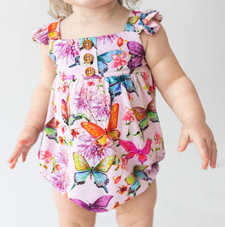 Girl's Bamboo Henley Ruffled Cap Sleeve Bubble Romper - Watercolor Butterfly Baby One-Pieces