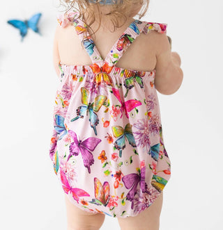 Girl's Bamboo Henley Ruffled Cap Sleeve Bubble Romper - Watercolor Butterfly Baby One-Pieces