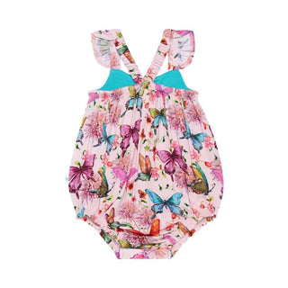 Girl's Bamboo Henley Ruffled Cap Sleeve Bubble Romper - Watercolor Butterfly Baby One-Pieces