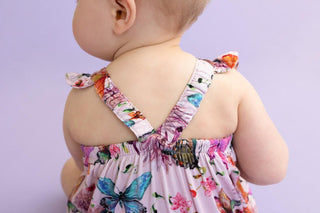 Girl's Bamboo Henley Ruffled Cap Sleeve Bubble Romper - Watercolor Butterfly Baby One-Pieces