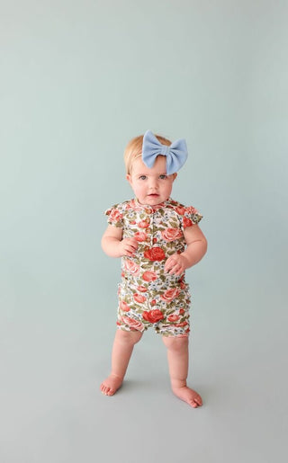 Girl's Bamboo Henley Ruffled Cap Sleeve Short Length Romper - Alma (Floral) Baby One-Pieces