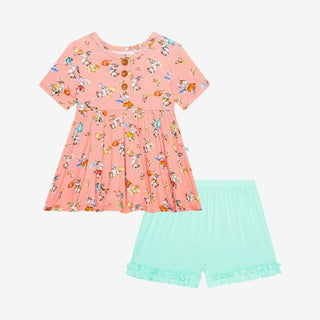 Posh Peanut Girls Henley Short Sleeve Peplum Top and Ruffled Short Outfit Set - Betty Rabbits