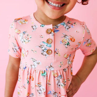 Posh Peanut Girls Henley Short Sleeve Peplum Top and Ruffled Short Outfit Set - Betty Rabbits