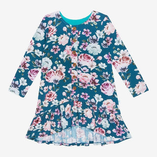 Girl's Bamboo Long Sleeve Henley Hi Low Dress - Keisha (Floral) Posh Peanut